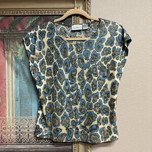 Patchington Blue and Tan Leopard Print Cap Sleeve Top